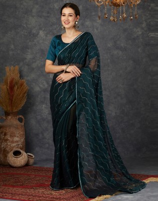 Divastri Dyed, Embellished Bollywood Chiffon Saree(Blue, Silver)