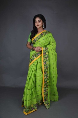 MA TARA TEXTILES ROHIT Embellished Tant Cotton Blend Saree(Green)