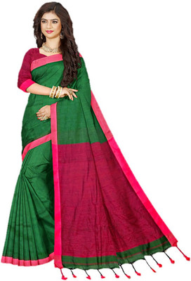 Monde Avenir Solid/Plain Handloom Handloom Pure Cotton Saree(Green, Pink)