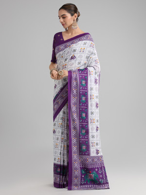 Sareemall Printed Hand Batik Cotton Blend Saree(White)