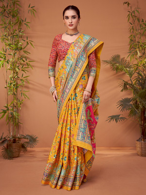 Sareemall Printed Banarasi Viscose Rayon Saree(Yellow)