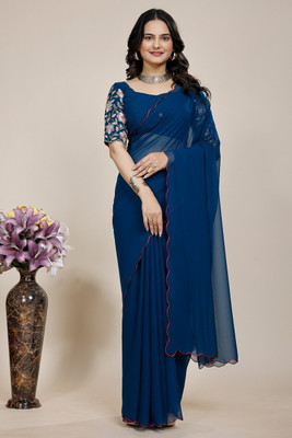 SHIV FASHION Solid/Plain Bollywood Georgette Saree(Dark Blue)