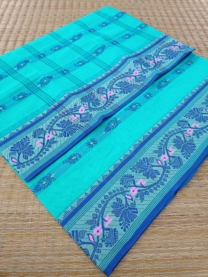 KhayaFashion Woven Tant Pure Cotton Saree(Light Blue)
