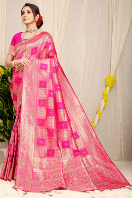 AMIRAT CLOTHING Printed, Self Design Banarasi Pure Silk Saree(Pink)