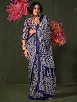 Sareemall Printed Hand Batik Crepe Saree(Dark Blue)