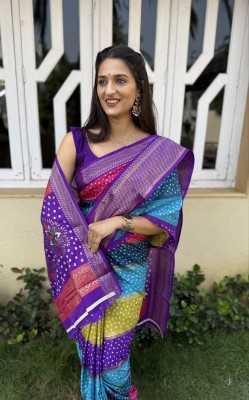 sadika Floral Print Bandhani Cotton Silk Saree(Purple)