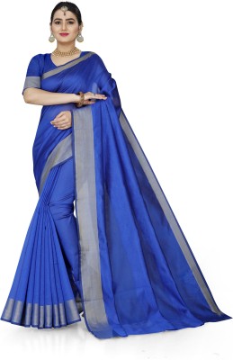 JS Clothing Mart Striped Banarasi Cotton Silk Saree(Blue)