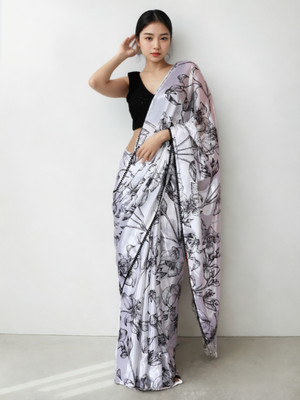 Divastri Printed Bollywood Silk Blend Saree(White, Black)