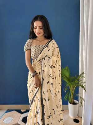 JAINICA Printed Daily Wear Cotton Blend Saree(Cream)