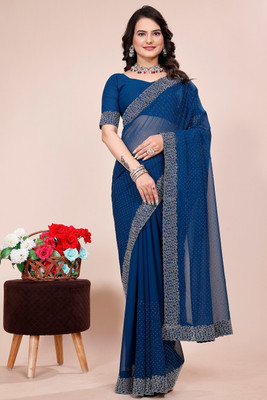 KONICA FAB Self Design, Solid/Plain, Embroidered Bollywood Georgette Saree(Dark Blue)