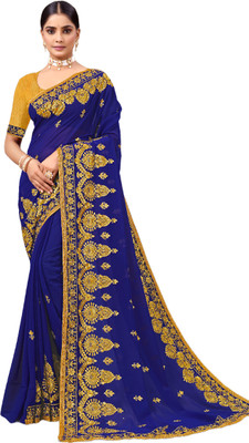 Radheradhey Embroidered, Floral Print Bollywood Georgette Saree(Blue)