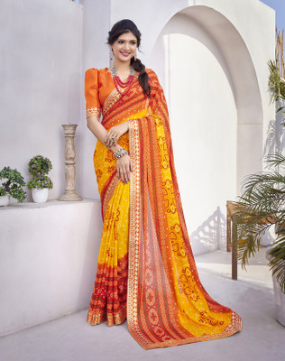 Divastri Printed Bollywood Georgette, Lace Saree(Orange)