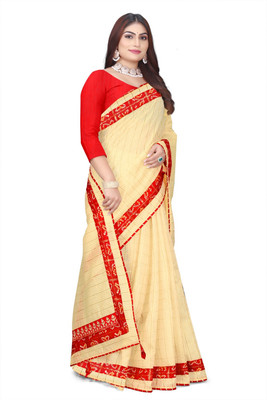 Dhanlaxmi Creation Printed Handloom Cotton Blend Saree(Cream)