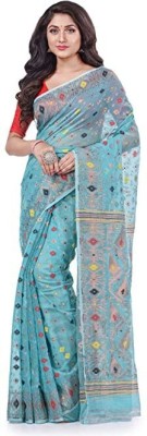 Desh Bidesh Woven, Self Design, Temple Border, Paisley Jamdani Handloom Cotton Blend, Pure Cotton Saree(Blue)