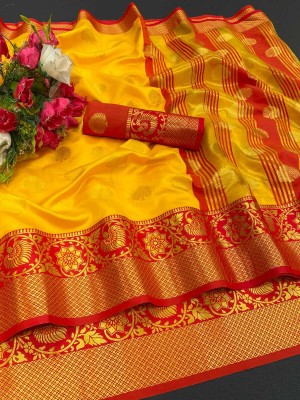 GDN FASHION Woven Banarasi Jacquard Saree(Red, Yellow)