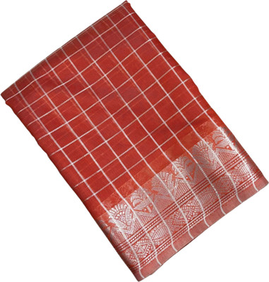 Z A FABRICS Checkered Chanderi Cotton Blend Saree(Orange)