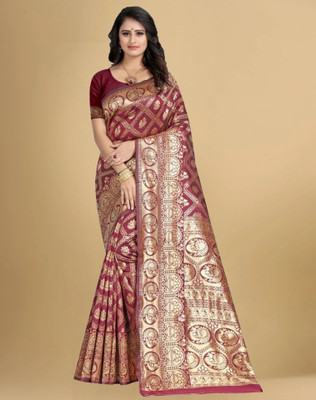 Divastri Woven, Embellished Banarasi Silk Blend, Jacquard Saree(Maroon)