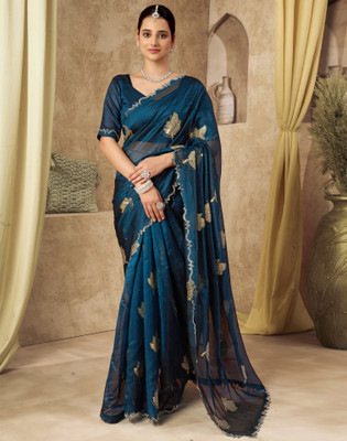 Satrani Woven, Embellished Bollywood Silk Blend Saree(Blue)