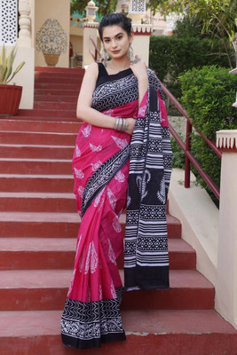 DASTKARPRINT Printed, Color Block, Blocked Printed, Floral Print, Dyed Daily Wear Pure Cotton Saree(Pink)