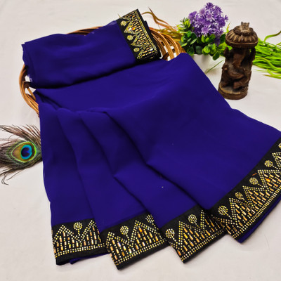 patu plus Solid/Plain Bollywood Georgette Saree(Blue)