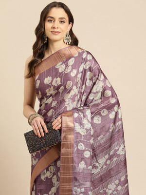 SILK ZONE Floral Print Banarasi Art Silk Saree(Purple)