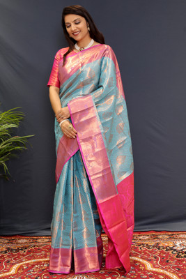 HouseOfCommon Self Design Banarasi Cotton Silk, Jacquard Saree(Light Blue)