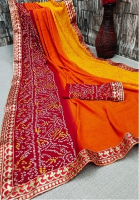 Kanooda Prints Printed Bandhani Art Silk Saree(Orange)