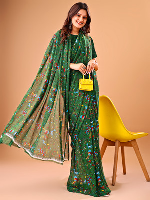 Leelavati Printed Bollywood Chiffon Saree(Green)