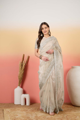 Sangria Embroidered Saree with Attached Blouse Net Saree(Silver)