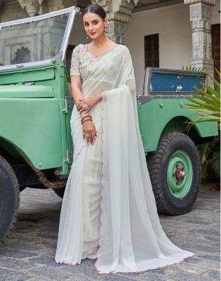 Satrani Dyed, Embellished Bollywood Chiffon, Georgette Saree(White)