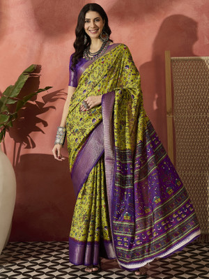 Sangria Printed Banarasi Silk Blend Saree(Green)