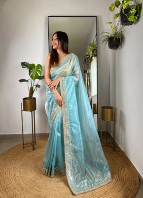 Tasrika Solid/Plain Bollywood Tissue Saree(Light Blue)