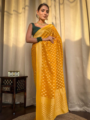 Miss Beelee Printed Banarasi Jacquard Saree(Yellow)