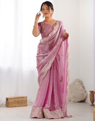 Samah Embellished, Embroidered Bollywood Tissue, Jimmy choo Saree(Pink)