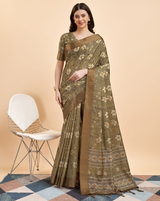 Divastri Digital Print Handloom Silk Blend Saree(Green)