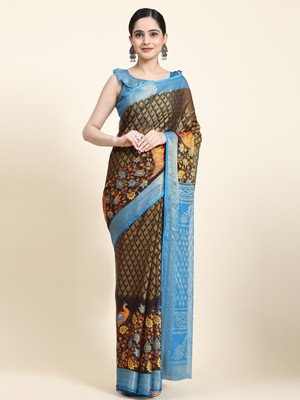 rujave Digital Print Assam Silk Chiffon Saree(Black)