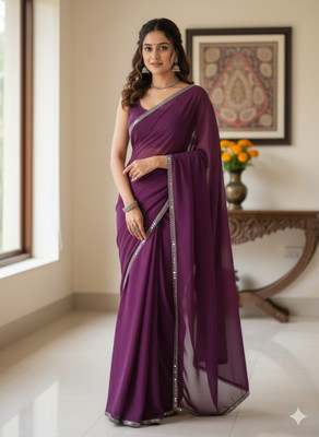 LA LILY Embellished, Solid/Plain, Self Design Bollywood Georgette Saree(Purple)