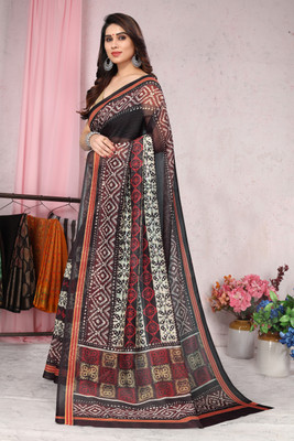 MIRCHI FASHION Printed, Floral Print Kalamkari Cotton Blend Saree(Black, Red)