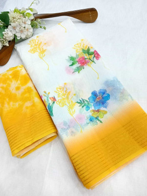 Mervadiya Printed Kanjivaram Chanderi, Cotton Silk Saree(White, Yellow)