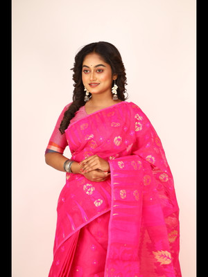 MA TARA TEXTILES ROHIT Floral Print Handloom Cotton Blend Saree(Pink)
