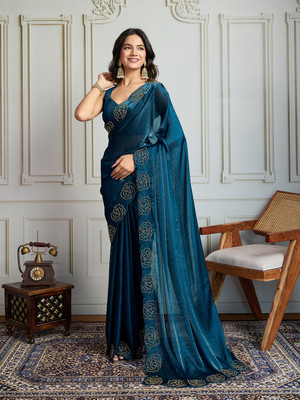 House of Pataudi Embroidered Saree with Attached Blouse Satin Saree(Blue)