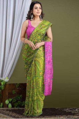 BiswasTextiles Self Design Handloom Cotton Blend Saree(Light Green)