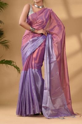 shaoncreation Solid/Plain, Striped, Temple Border, Woven Daily Wear Tissue, Silk Blend Saree(Purple, Pink)
