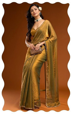 nirmal creation Solid/Plain Saree with Attached Blouse Chiffon Saree(Gold)