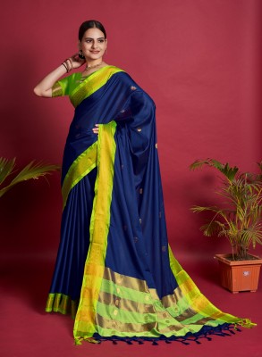 AVANTIKA FASHION Printed, Temple Border, Woven, Embellished, Solid/Plain Banarasi Art Silk, Cotton Silk Saree(Blue)