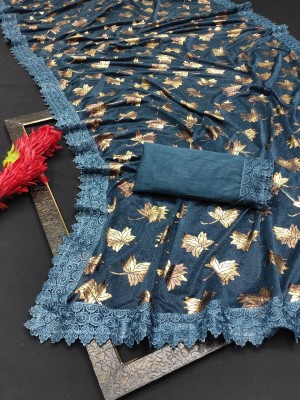 JJ FASHION Floral Print Assam Silk Lycra Blend Saree(Dark Blue)