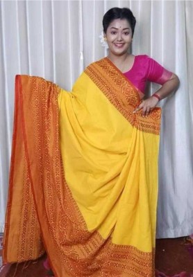 Moumitasaree Solid/Plain Tant Pure Cotton Saree(Yellow)