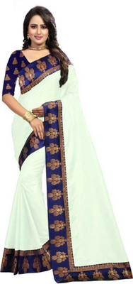 ROOP SUNDARI SAREES Dyed, Solid/Plain Chanderi Cotton Blend Saree(White)