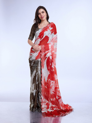 RekhaManiyar Printed Bollywood Chiffon Saree(Red)