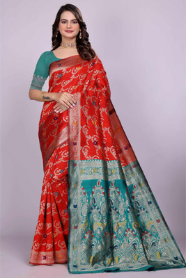 VKARAN Woven Kanjivaram Silk Blend Saree(Red)